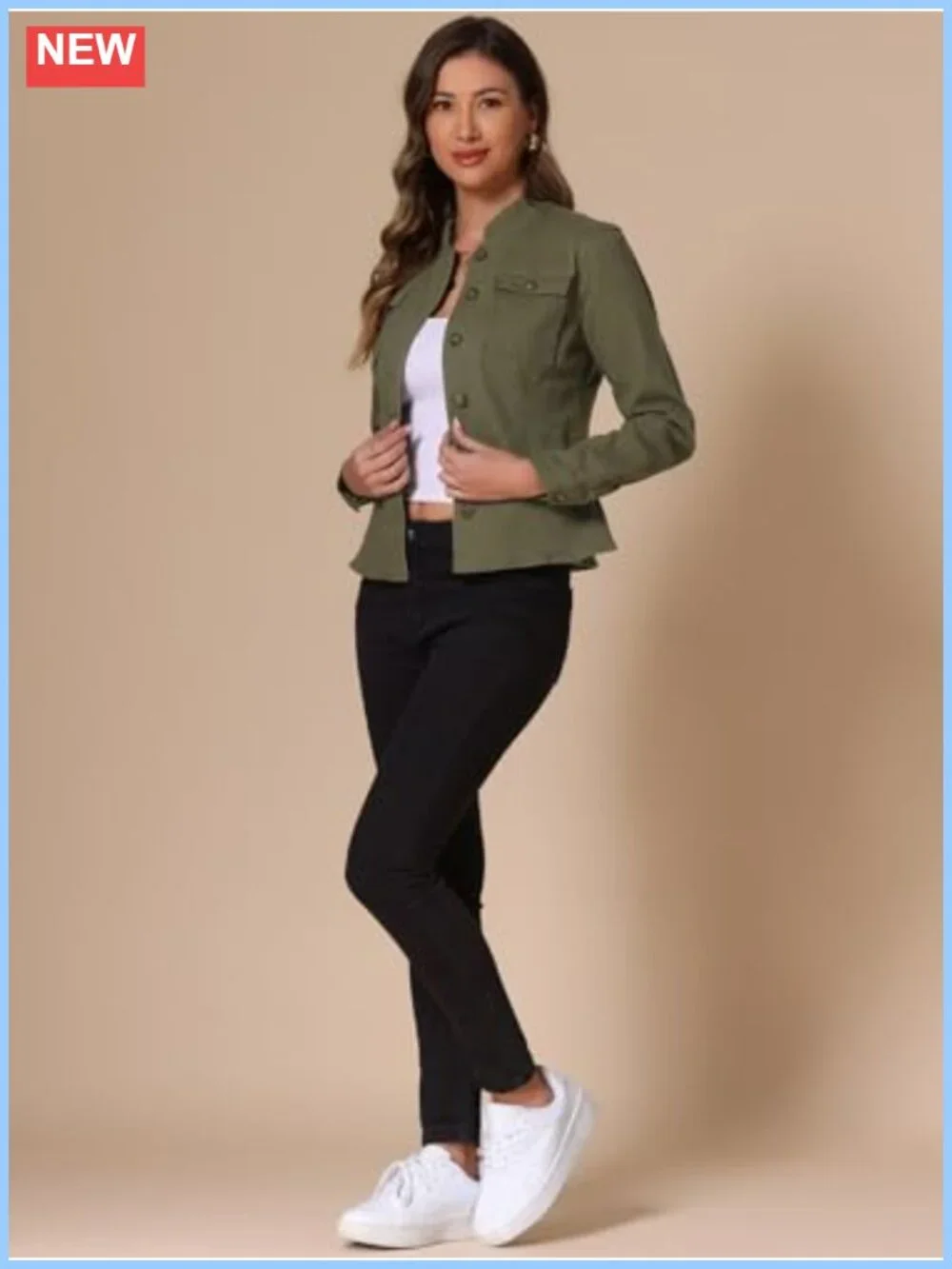 Classic Stand Collar Denim Jacket Long Sleeve Button Front Cotton Blend Casual